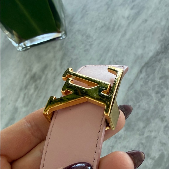 Louis Vuitton Pink Leather Belt with Gold LV Buckle and Damier Reverse